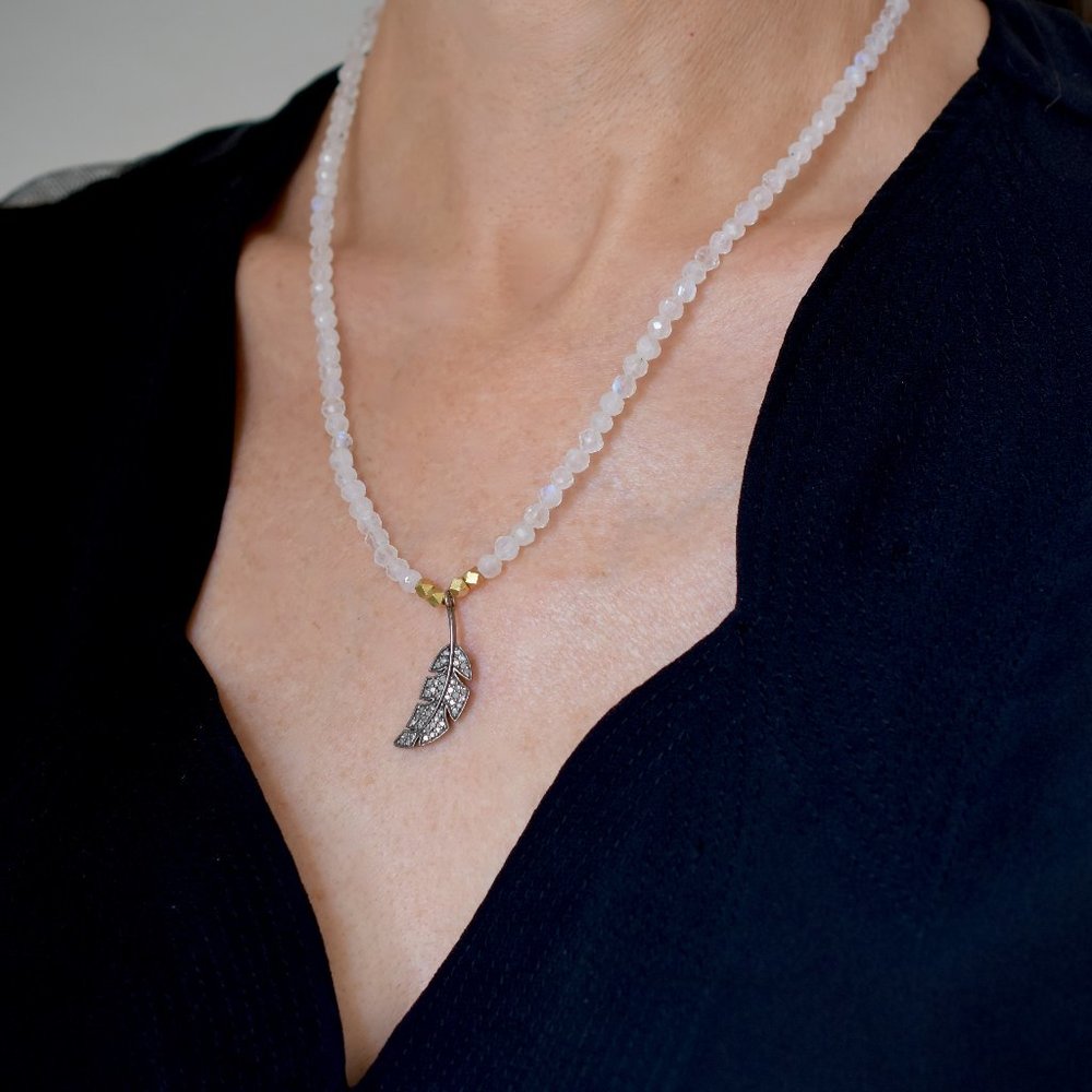 Sterling Silver and 14k Gold Filled Moonstone & Diamond Leaf Necklace